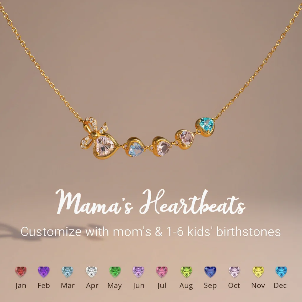 Mama's Heartbeats Mom And 1-6 Birthstone Bow Necklace
