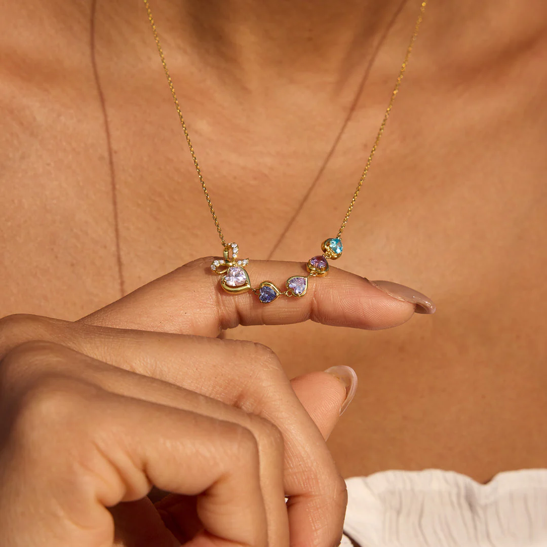 Mama's Heartbeats Mom And 1-6 Birthstone Bow Necklace - Image 2
