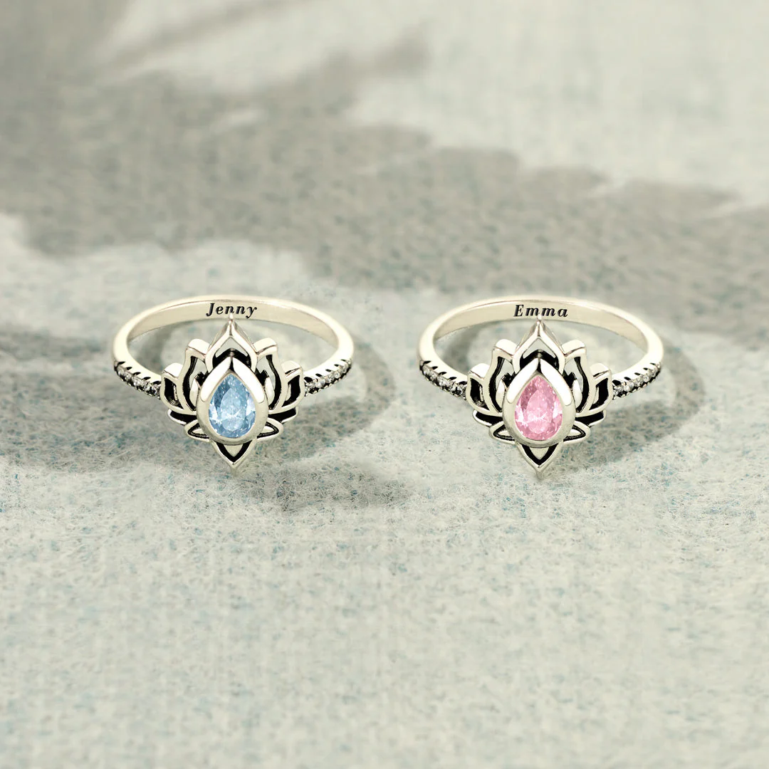 Personalized Name And Birthstone Lotus Ring - Image 2