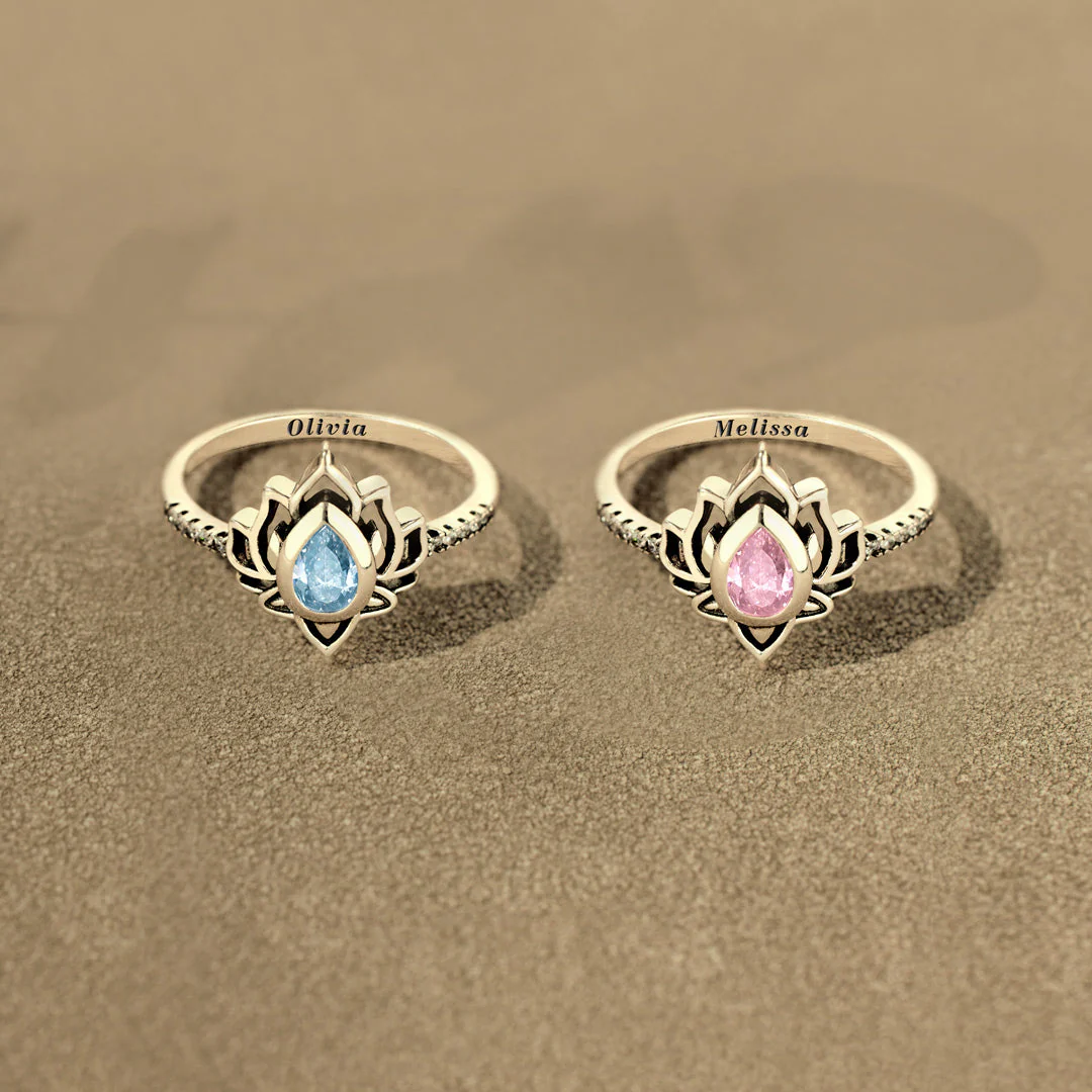 Personalized Name And Birthstone Lotus Ring - Image 5