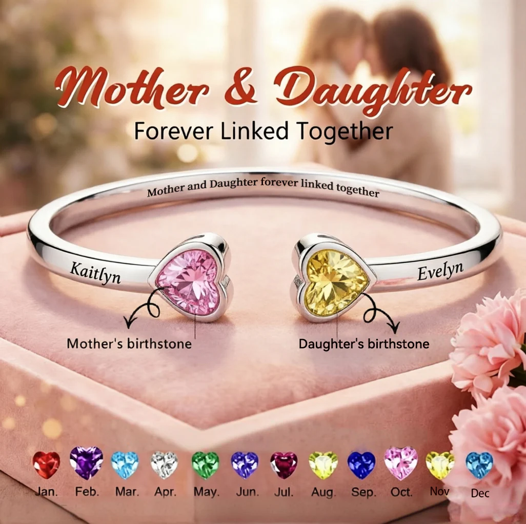 Mother And Daughter Double Heart Custom Birthstone&Name Bracelet