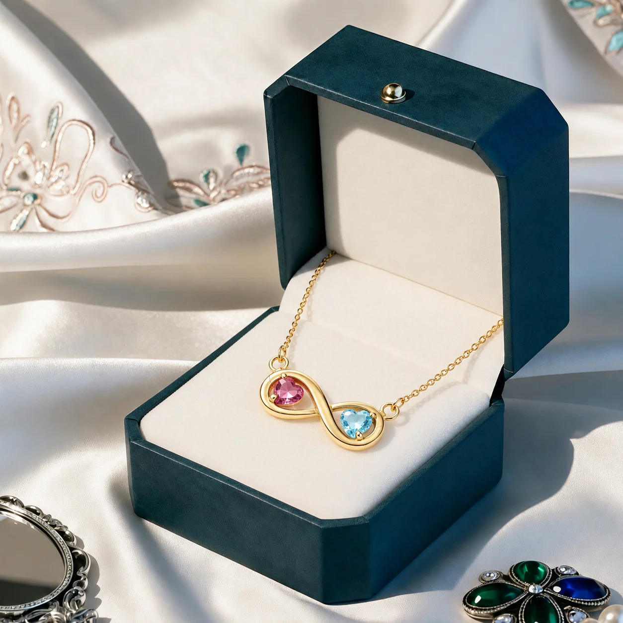 Mother&Daughter Connected By Heart Double Birthstones Infinity Necklace - Image 11