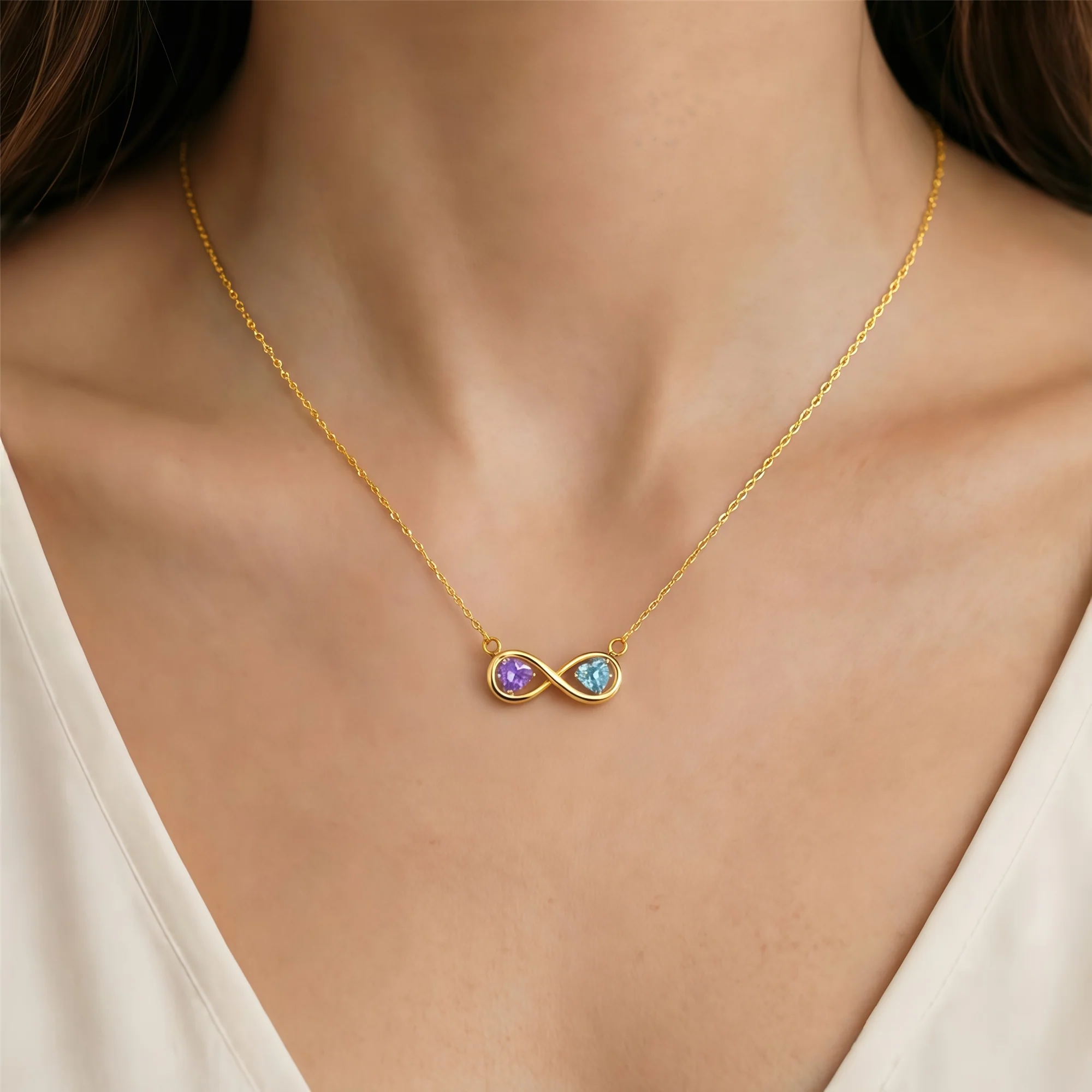 Mother&Daughter Connected By Heart Double Birthstones Infinity Necklace - Image 2