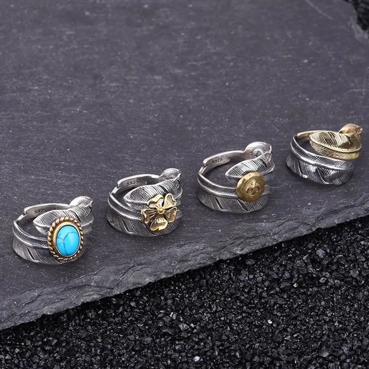🔥Summer Hot Sale🌊 925 Sterling Silver Boho Feather Turquoise Adjustable Ring - Image 10