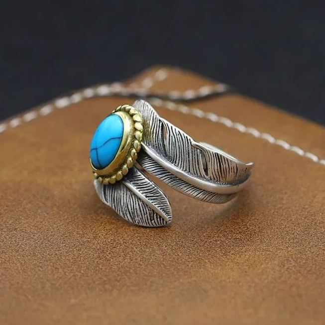 🔥Summer Hot Sale🌊 925 Sterling Silver Boho Feather Turquoise Adjustable Ring - Image 3