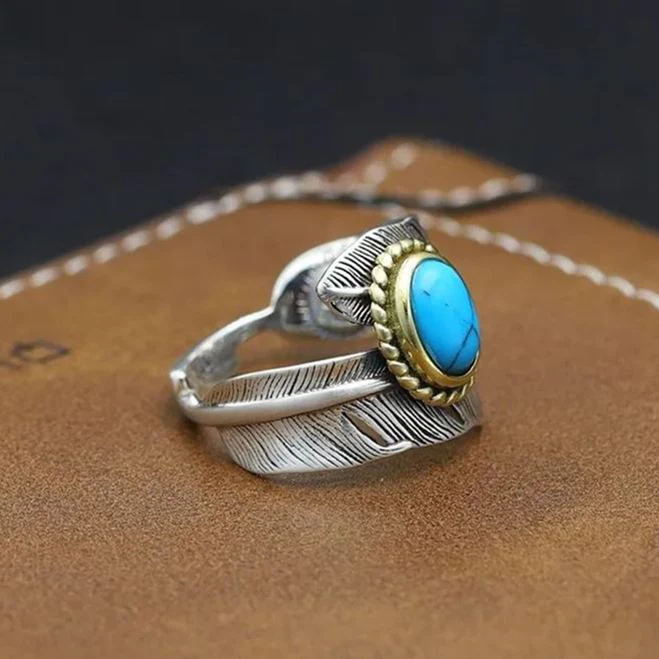 🔥Summer Hot Sale🌊 925 Sterling Silver Boho Feather Turquoise Adjustable Ring - Image 4