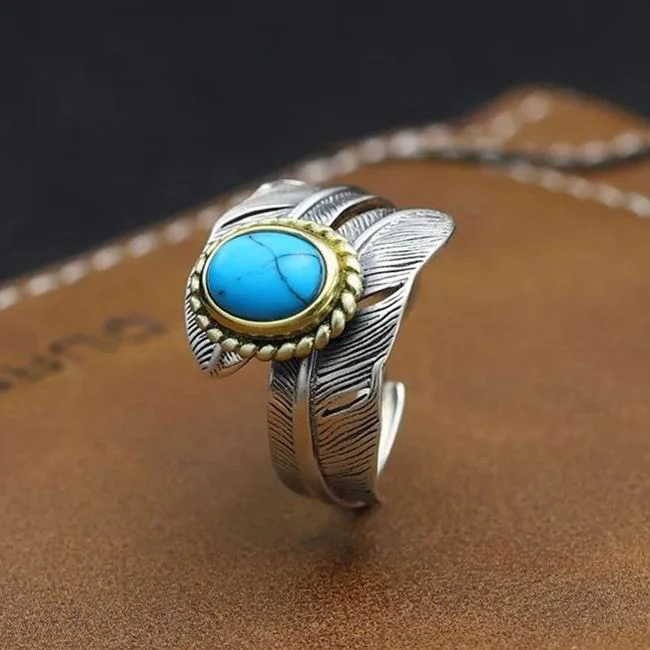 🔥Summer Hot Sale🌊 925 Sterling Silver Boho Feather Turquoise Adjustable Ring - Image 5