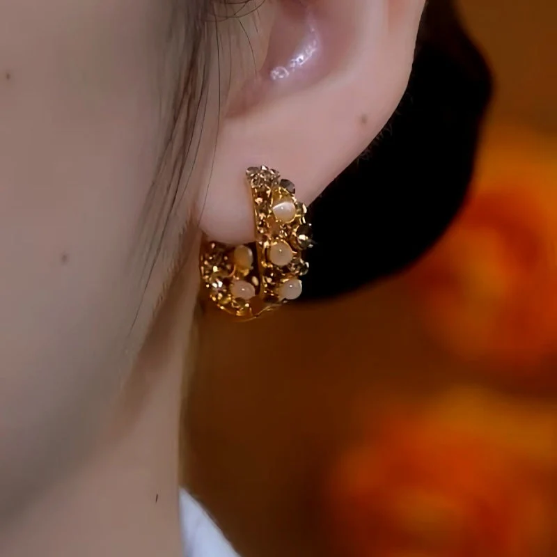 14K Gold-Plated Cat's Eye Stone Full Diamond Hoop Earrings - Image 2