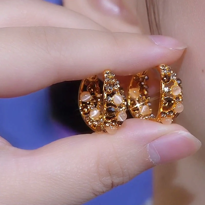 14K Gold-Plated Cat's Eye Stone Full Diamond Hoop Earrings - Image 4