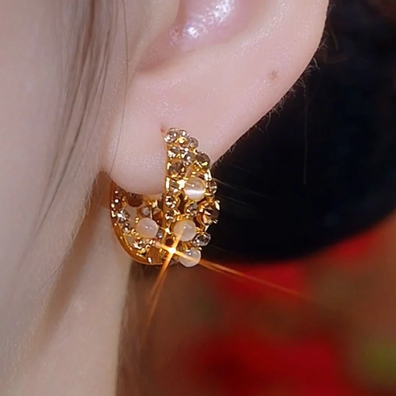 14K Gold-Plated Cat's Eye Stone Full Diamond Hoop Earrings - Image 5