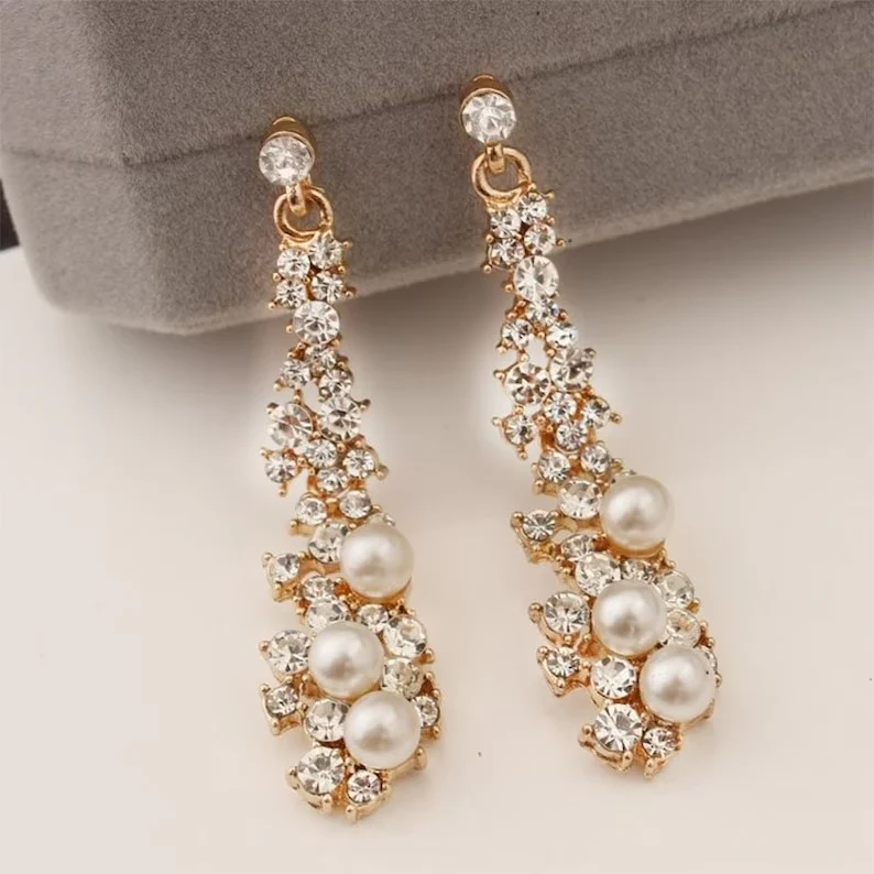 Pearl Moissanite Dangle Chandelier Drop Earrings - Image 4
