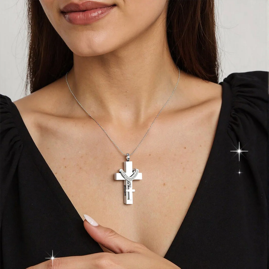 For Memorial - Custom Name Cross Pendant Urn Necklace - Image 3