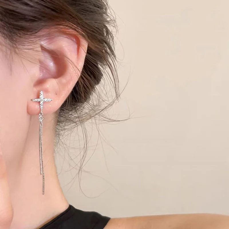 🌸Irregular Cross Star Zircon Tassel Earrings - Image 5