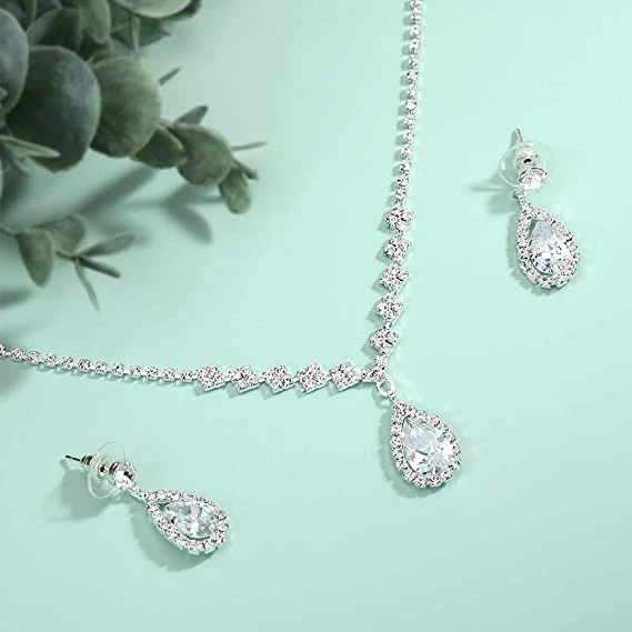 Crystal Wedding Water Drop Pendant Necklace and Earrings Set - Image 3