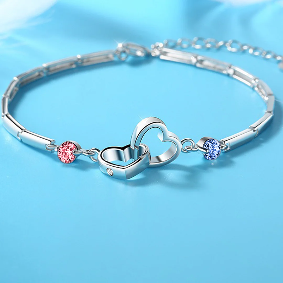 S925 Mother & Daughter Birthstone Custom Double Diamond Double Heart Bracelet - Image 3