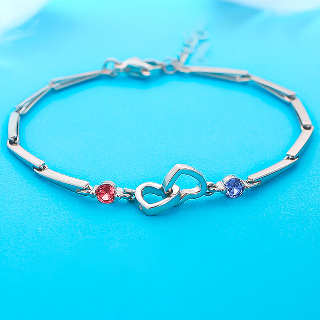 S925 Mother & Daughter Birthstone Custom Double Diamond Double Heart Bracelet - Image 5