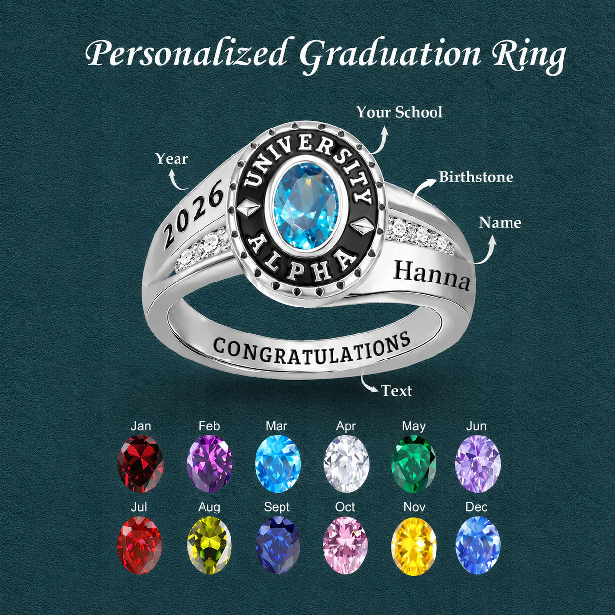 Custom Engraved Birthstone Graduation Ring  Gifts for Graduates