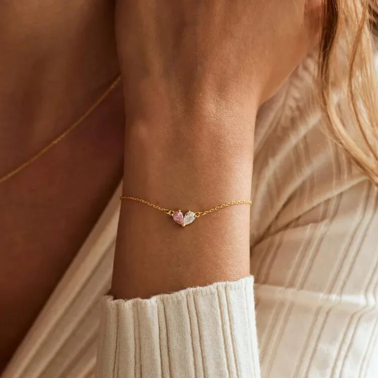 MOTHER AND DAUGHTER FOREVER LINKED TOGETHER CUSTOM HEART BIRTHSTONES BRACELET - Image 4