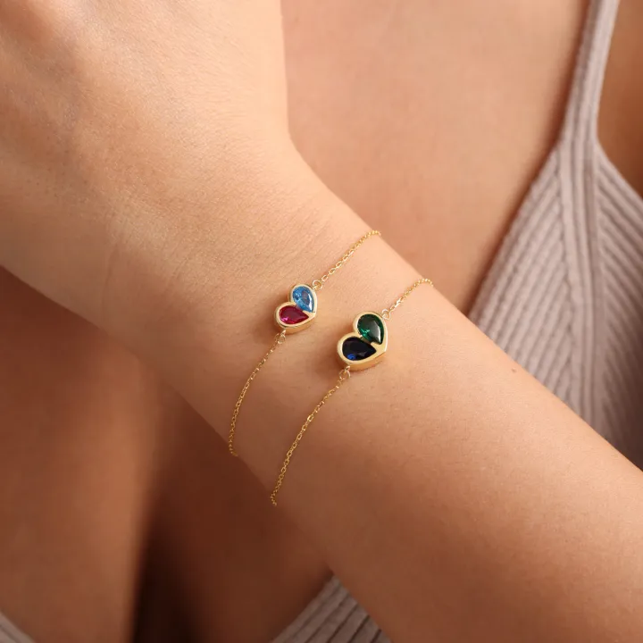MOTHER AND DAUGHTER FOREVER LINKED TOGETHER CUSTOM HEART BIRTHSTONES BRACELET - Image 5