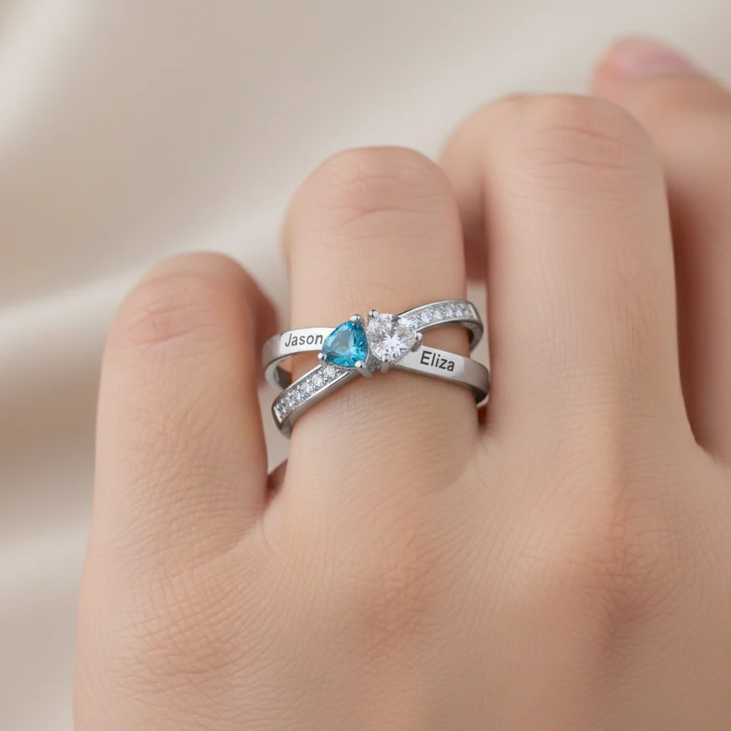 FOR LOVE - CUSTOM PROMISE TWO HEART BIRTHSTONE RING - Image 3