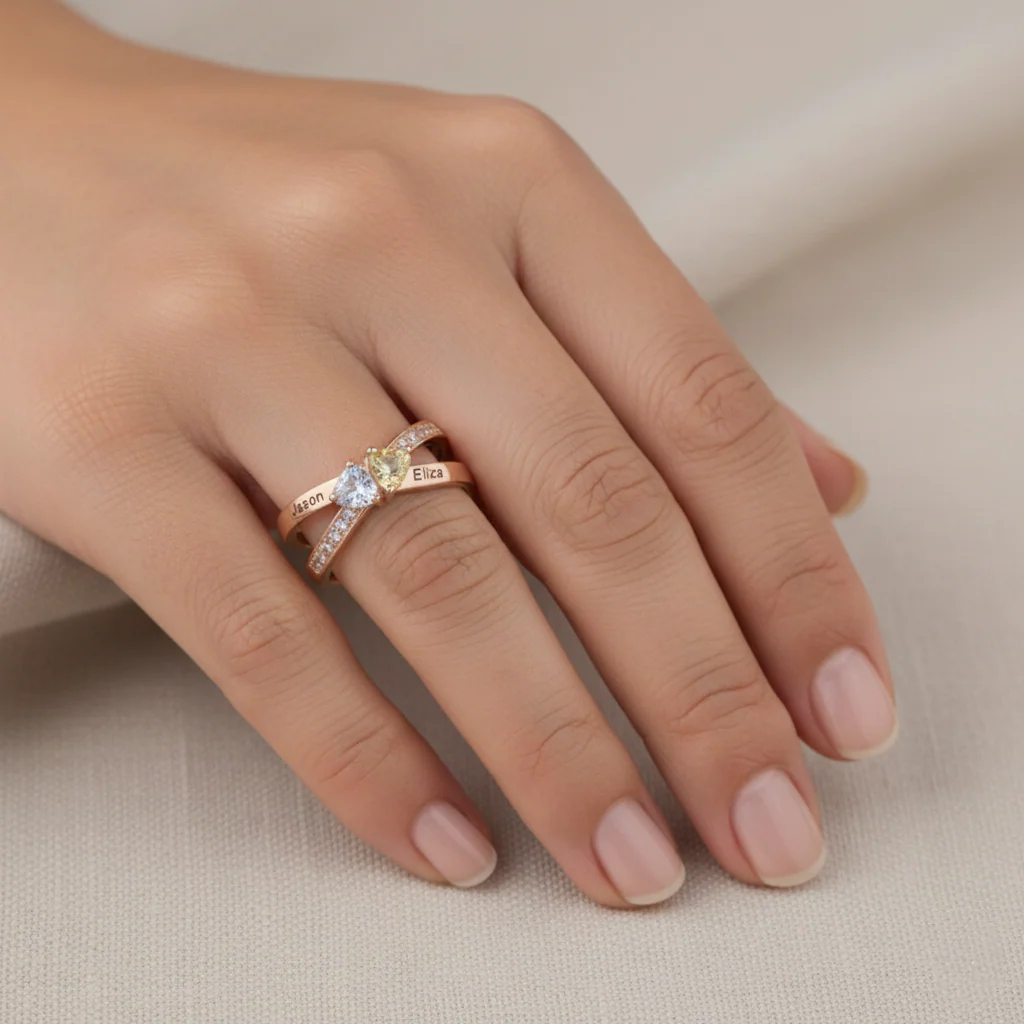 FOR LOVE - CUSTOM PROMISE TWO HEART BIRTHSTONE RING - Image 4