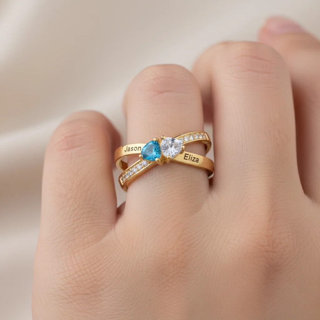 FOR LOVE - CUSTOM PROMISE TWO HEART BIRTHSTONE RING - Image 10