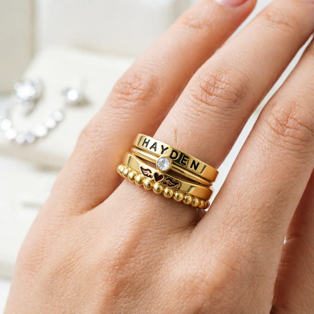 FOR MEMORIAL- ANGEL WINGS CUSTOM BIRTHSTONE&NAME STACKED RING - Image 3