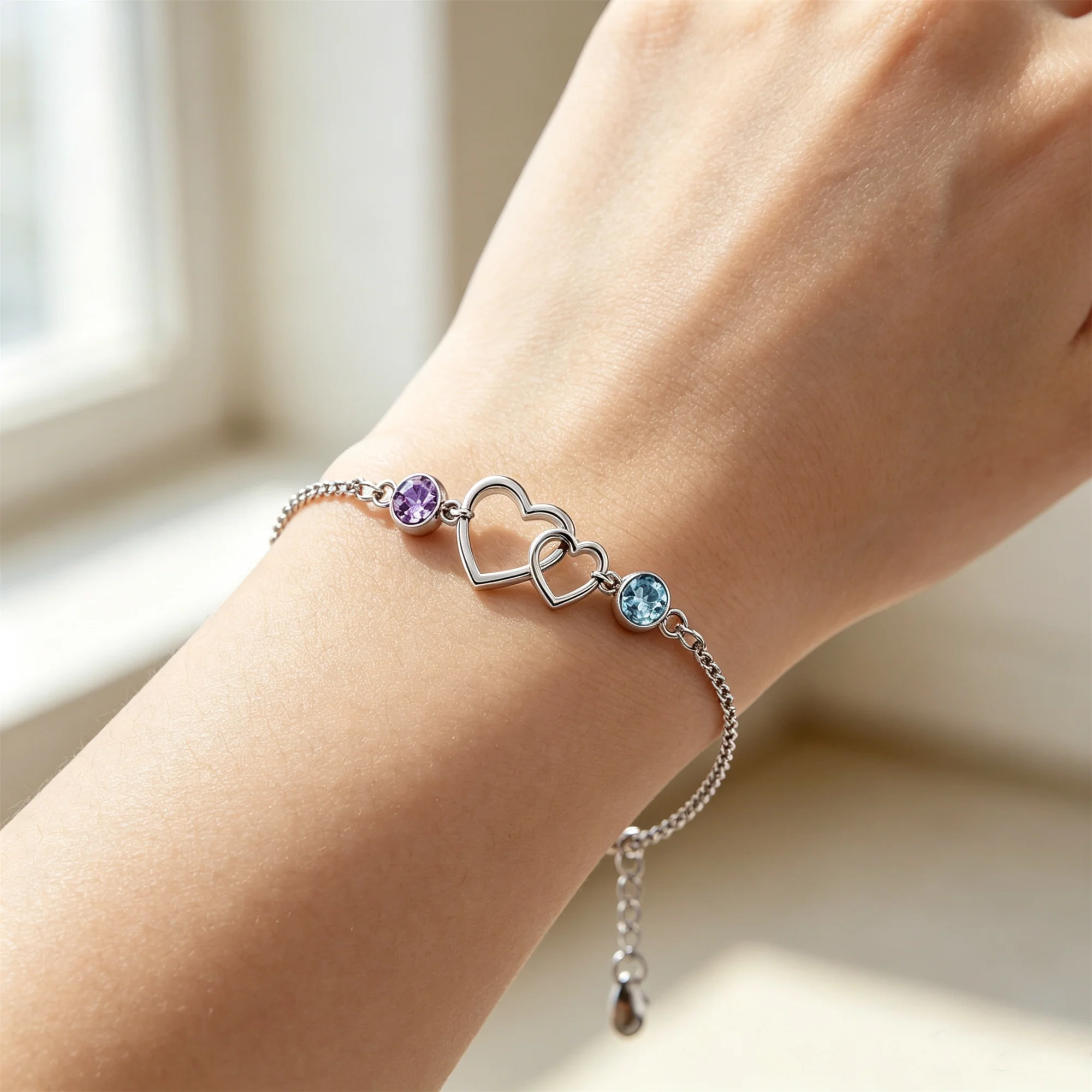 Mother&Daughter Connected By Heart Double Birthstones Bracelet - Image 3