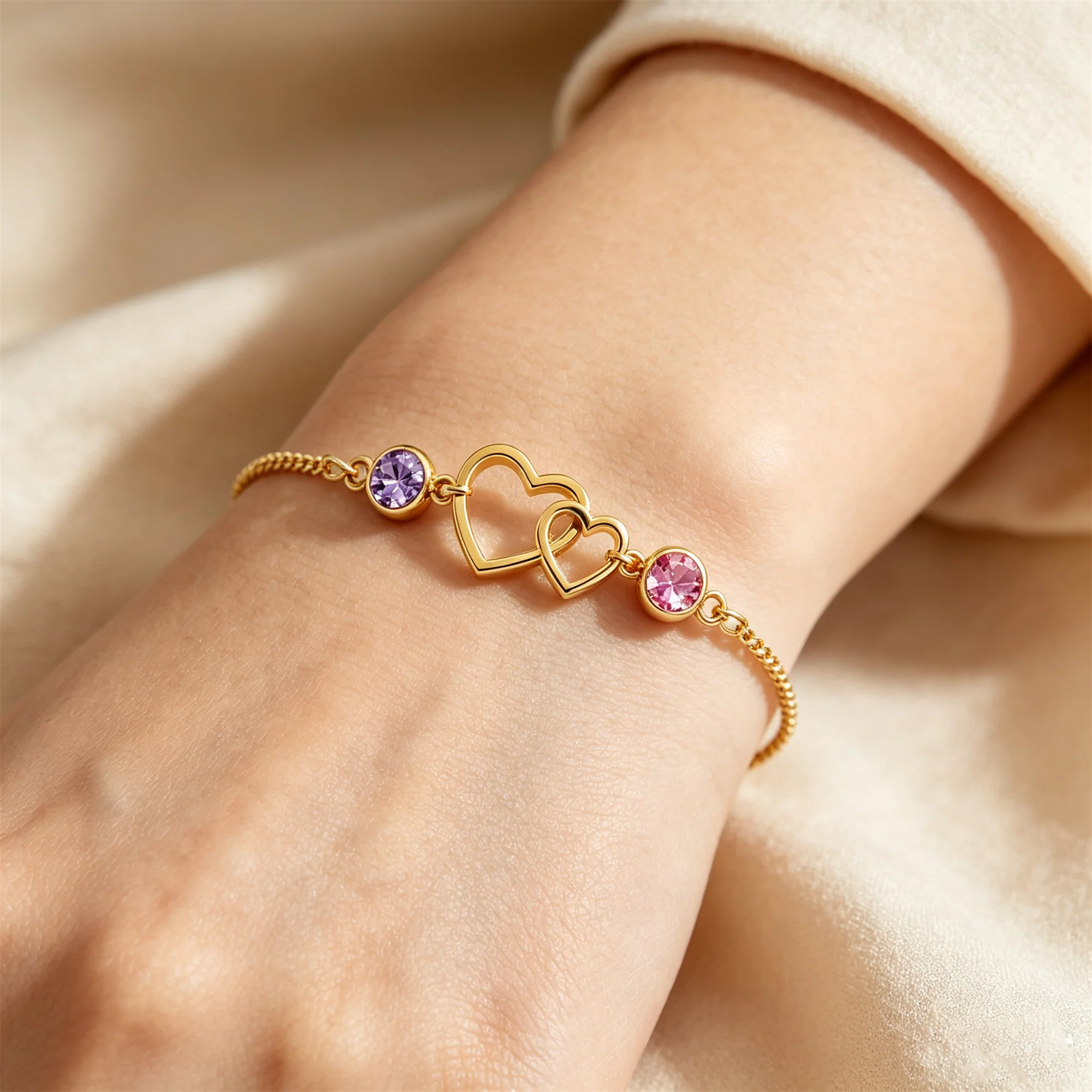 Mother&Daughter Connected By Heart Double Birthstones Bracelet - Image 7