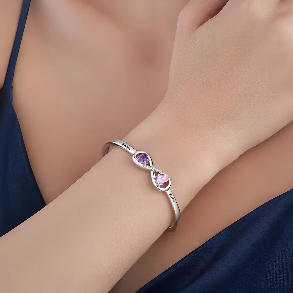 Personalized Infinity Double Heart Birthstones Cuff Bracelet with Engraved Name - Image 2