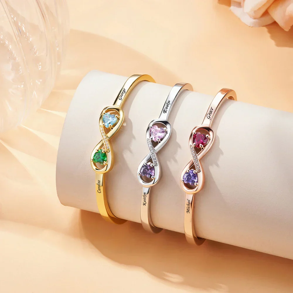 Personalized Infinity Double Heart Birthstones Cuff Bracelet with Engraved Name - Image 3