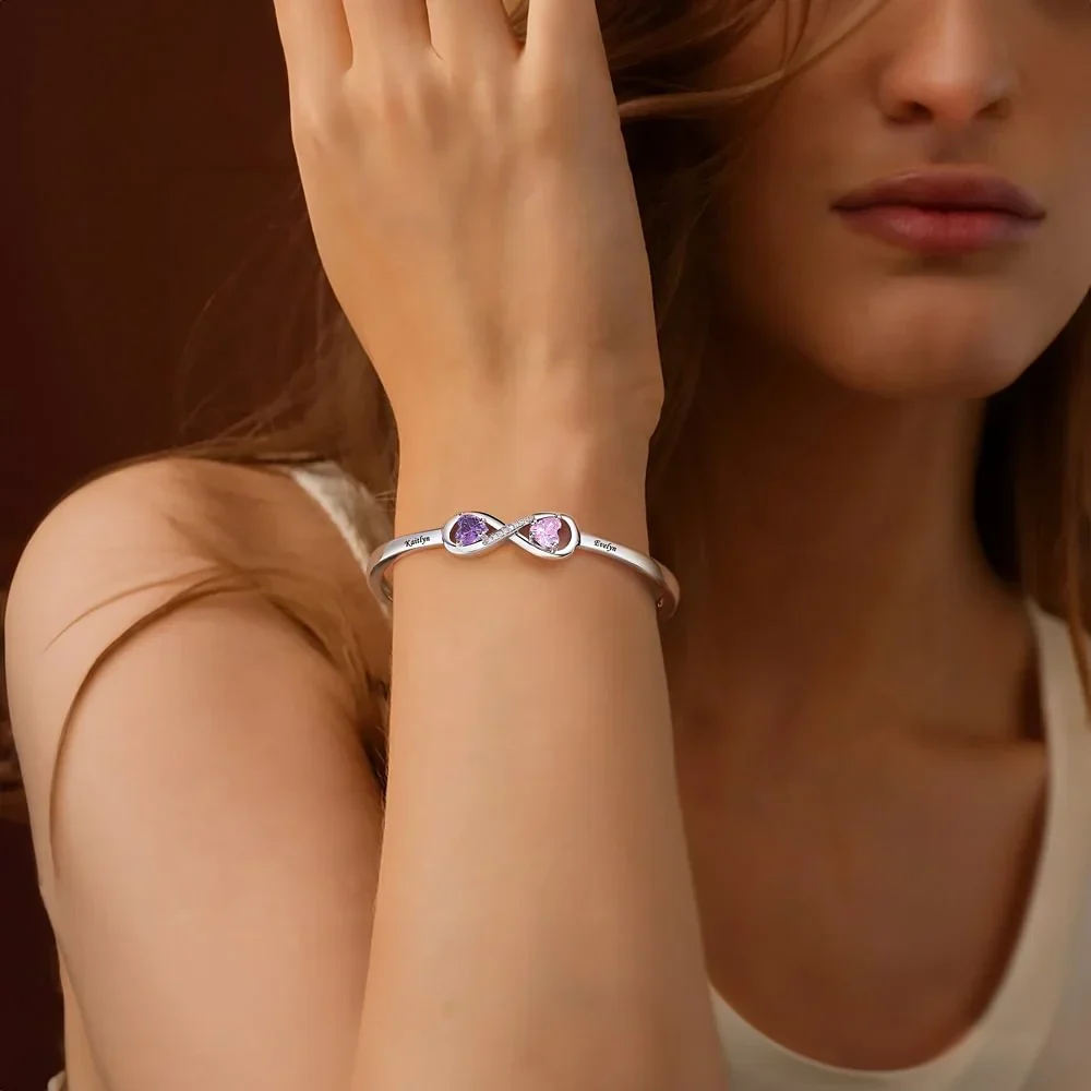 Personalized Infinity Double Heart Birthstones Cuff Bracelet with Engraved Name - Image 4