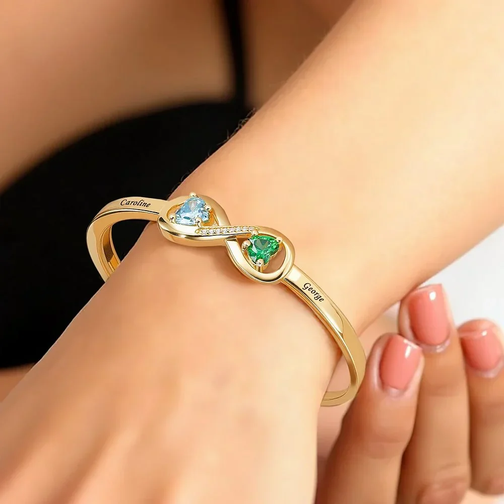 Personalized Infinity Double Heart Birthstones Cuff Bracelet with Engraved Name - Image 5