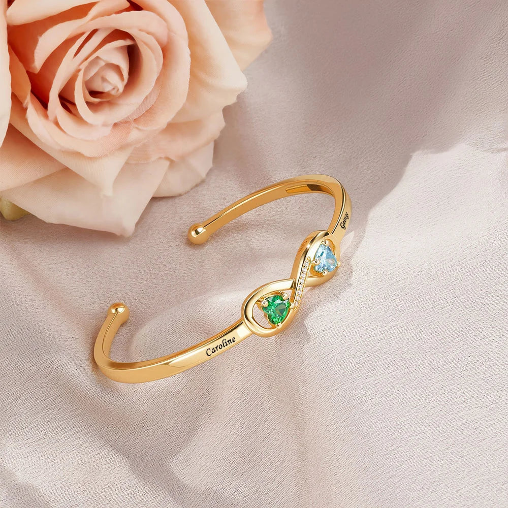 Personalized Infinity Double Heart Birthstones Cuff Bracelet with Engraved Name - Image 6
