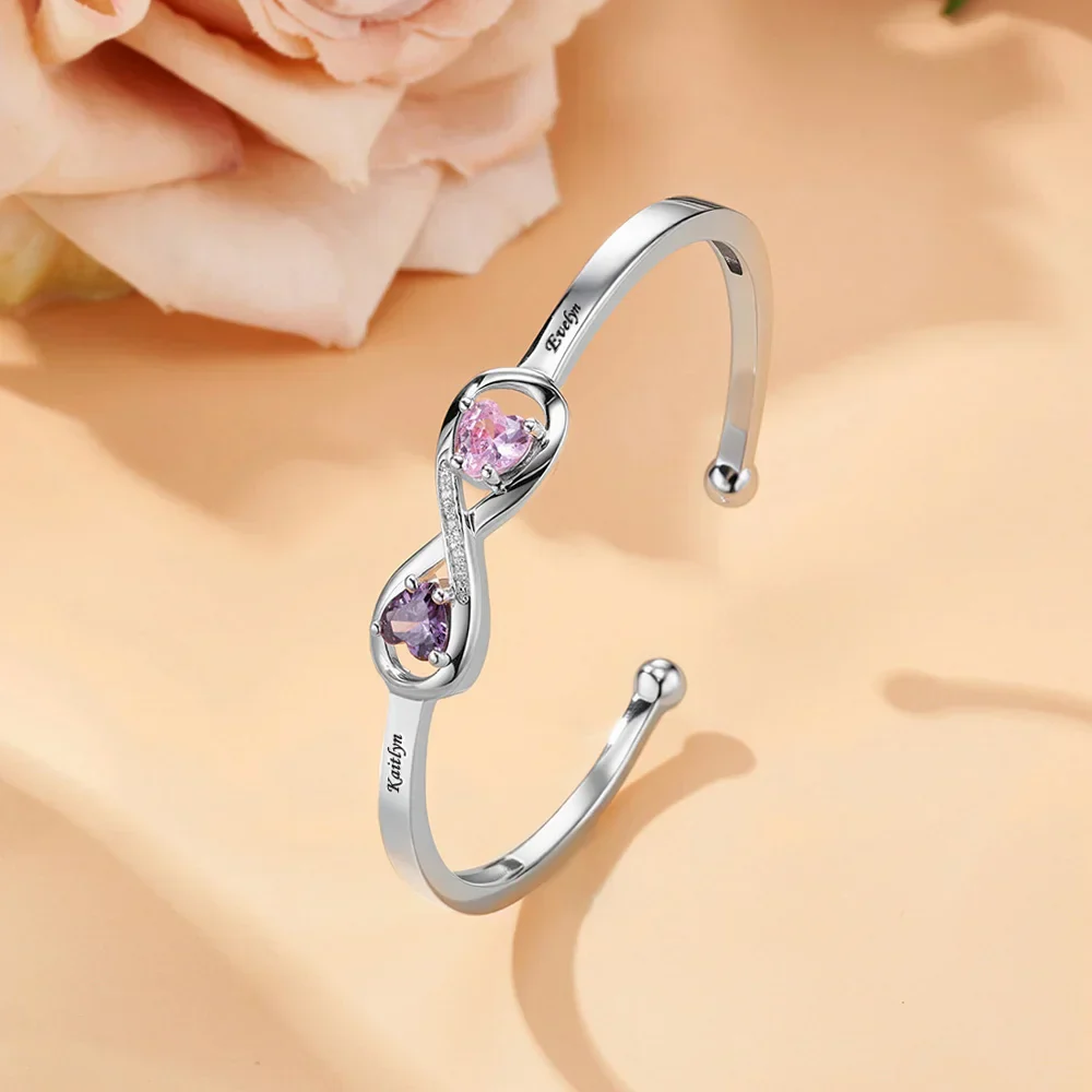 Personalized Infinity Double Heart Birthstones Cuff Bracelet with Engraved Name - Image 7