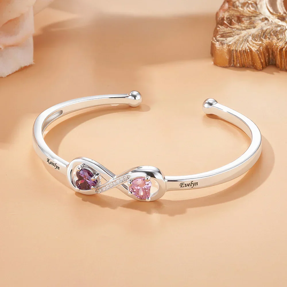 Personalized Infinity Double Heart Birthstones Cuff Bracelet with Engraved Name - Image 8