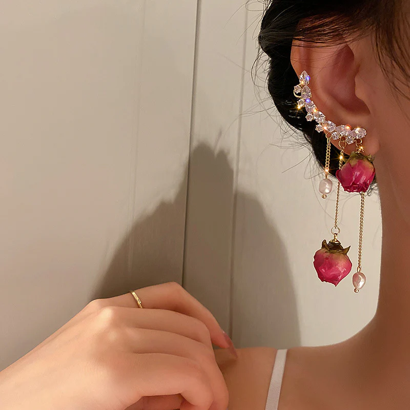 Rhinestone Pearl Dried Rose Flower Earrings - Image 3
