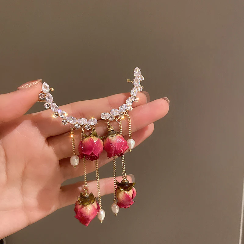 Rhinestone Pearl Dried Rose Flower Earrings - Image 4