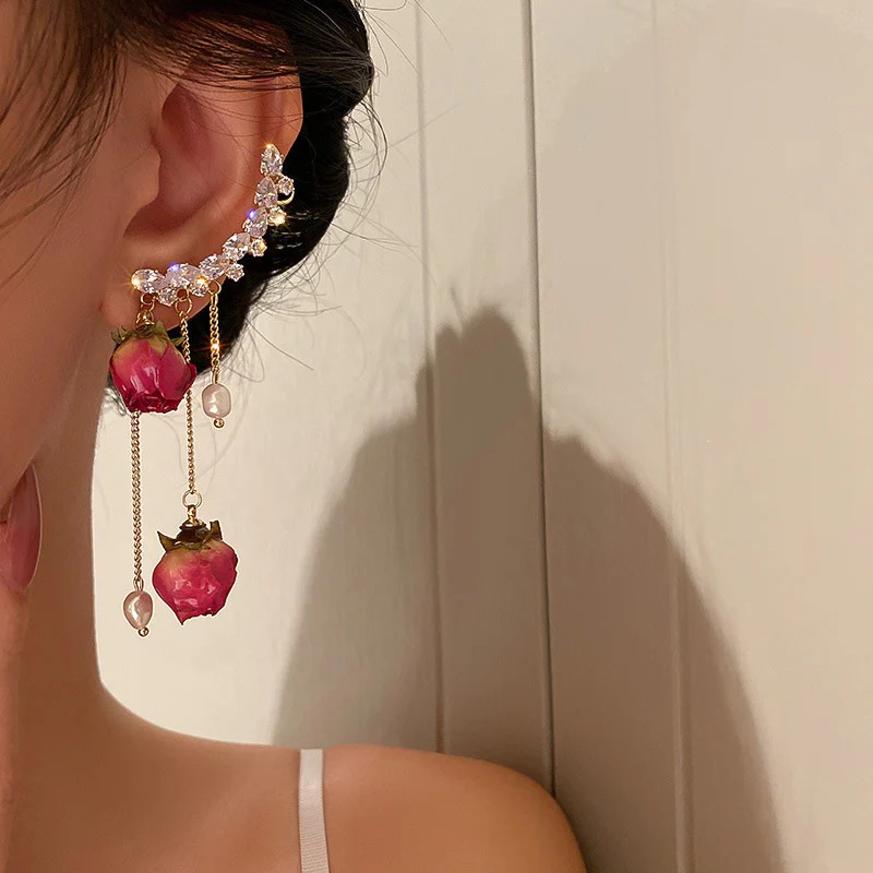 Rhinestone Pearl Dried Rose Flower Earrings - Image 5