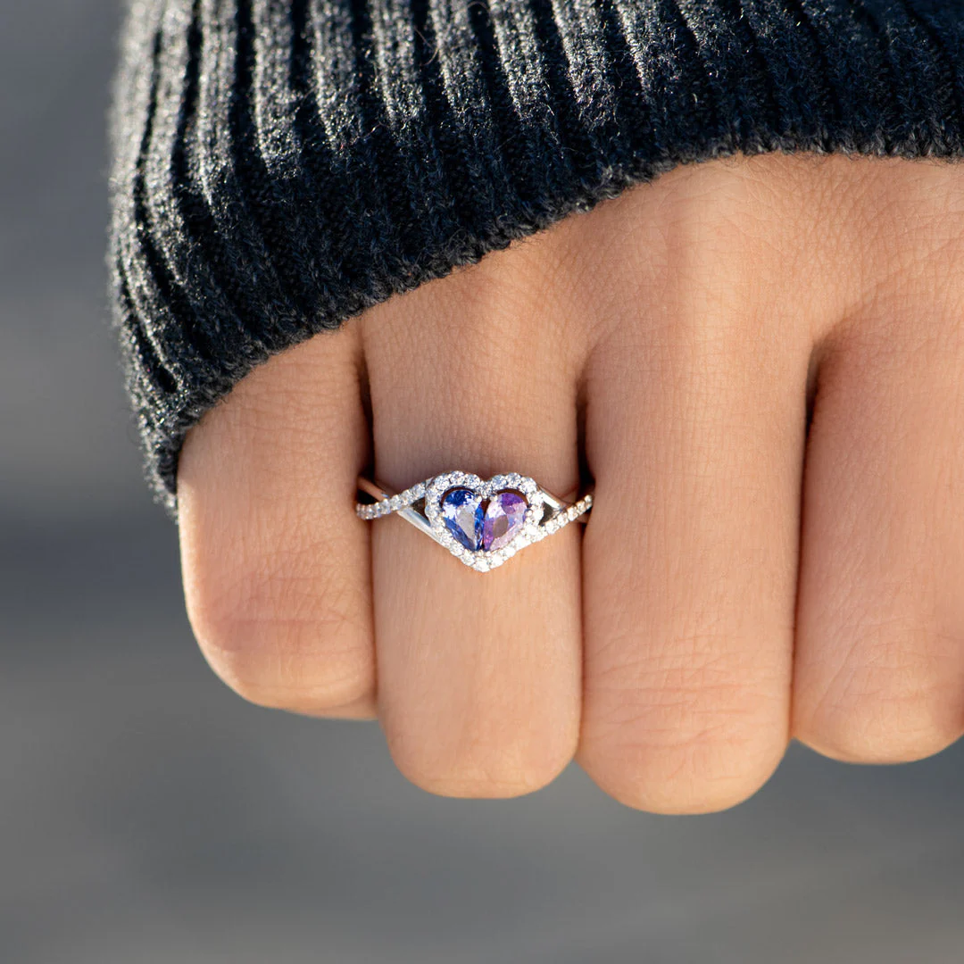 Mother And Daughter Dual Teardrop Birthstone Heart Ring - Image 7