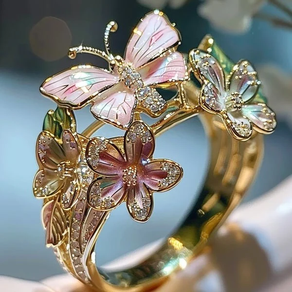 Enamel Butterfly Flower Ring - Image 4