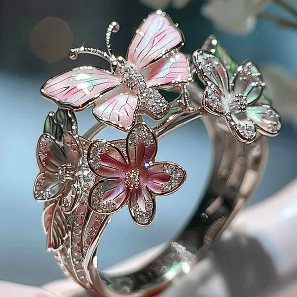 Enamel Butterfly Flower Ring - Image 5