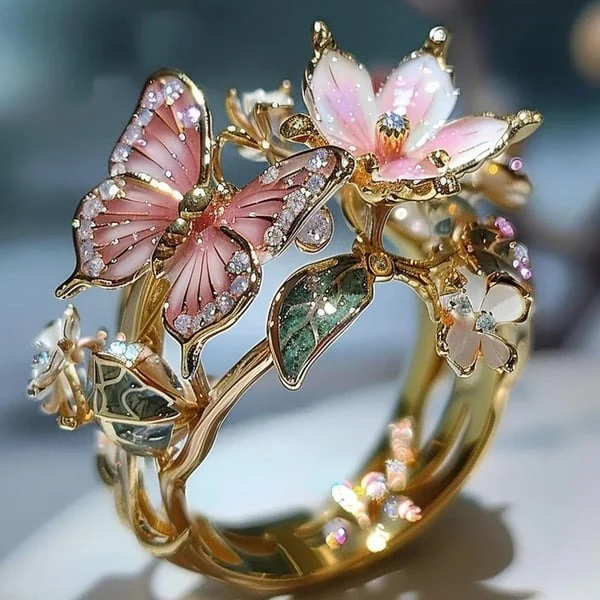 Enamel Butterfly Flower Ring - Image 7