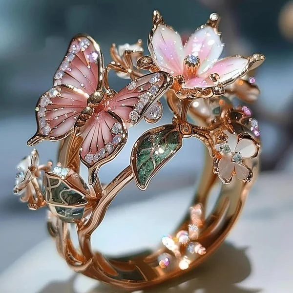Enamel Butterfly Flower Ring - Image 9