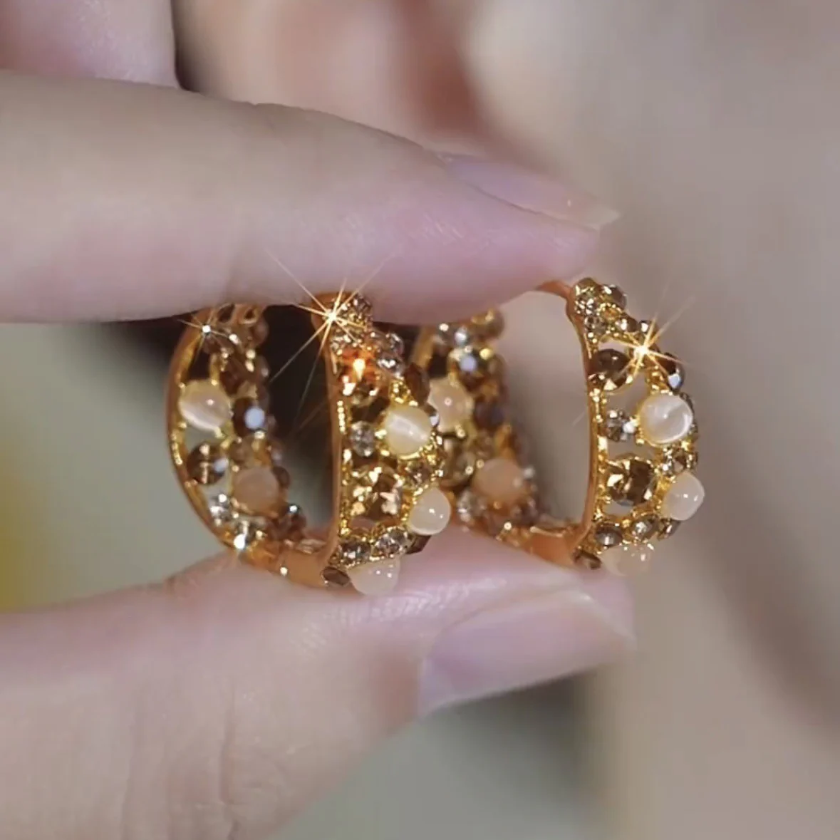 14K Gold-Plated Elegant Diamond Cat's Eye Stone Hoop Earrings - Image 5
