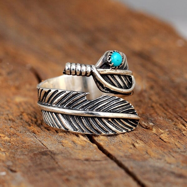 FOR MEMORIAL- YOUR GUARDIAN ANGEL WATCHING AND PROTECTING FEATHER TURQUOISE RING - Image 3