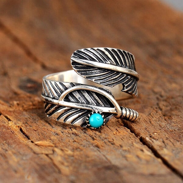 FOR MEMORIAL- YOUR GUARDIAN ANGEL WATCHING AND PROTECTING FEATHER TURQUOISE RING - Image 5
