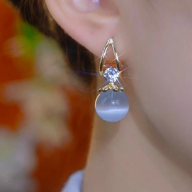 14K Gold-Plated French Diamond Cat's Eye Stone Earrings - Image 2