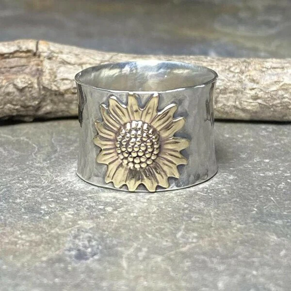 Golden Sunflower Wide Band Silver Ring - Image 3