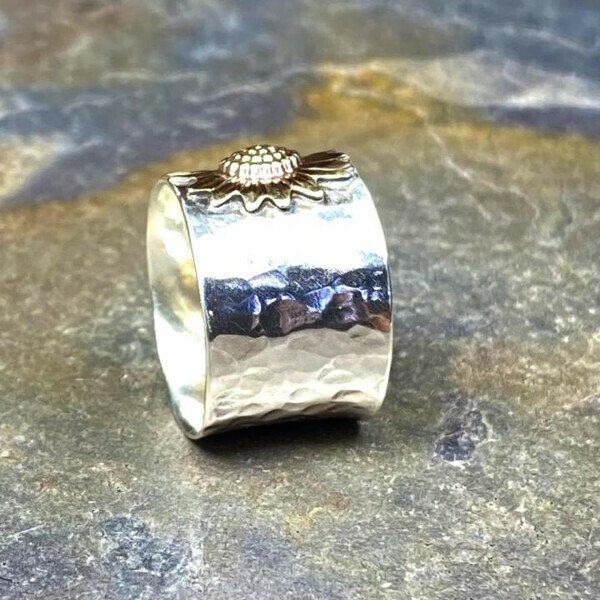 Golden Sunflower Wide Band Silver Ring - Image 4